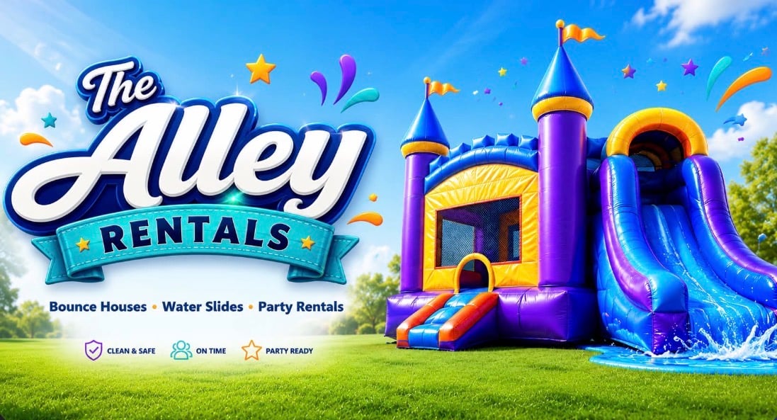 Official Alley Rentals cover with its logo, a bounce house, and a water slide
