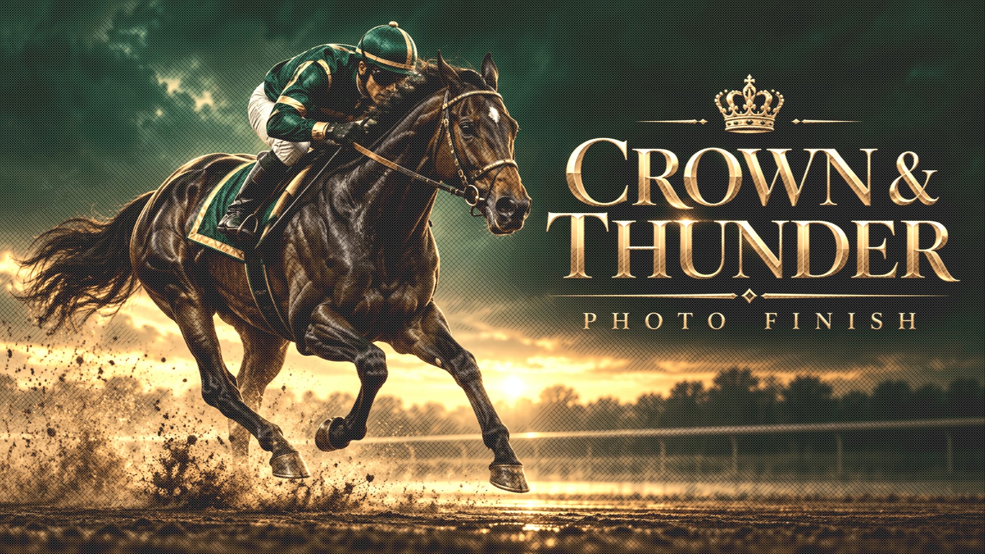 Official Crown & Thunder Photo Finish cover with a racehorse, jockey, and gold wordmark