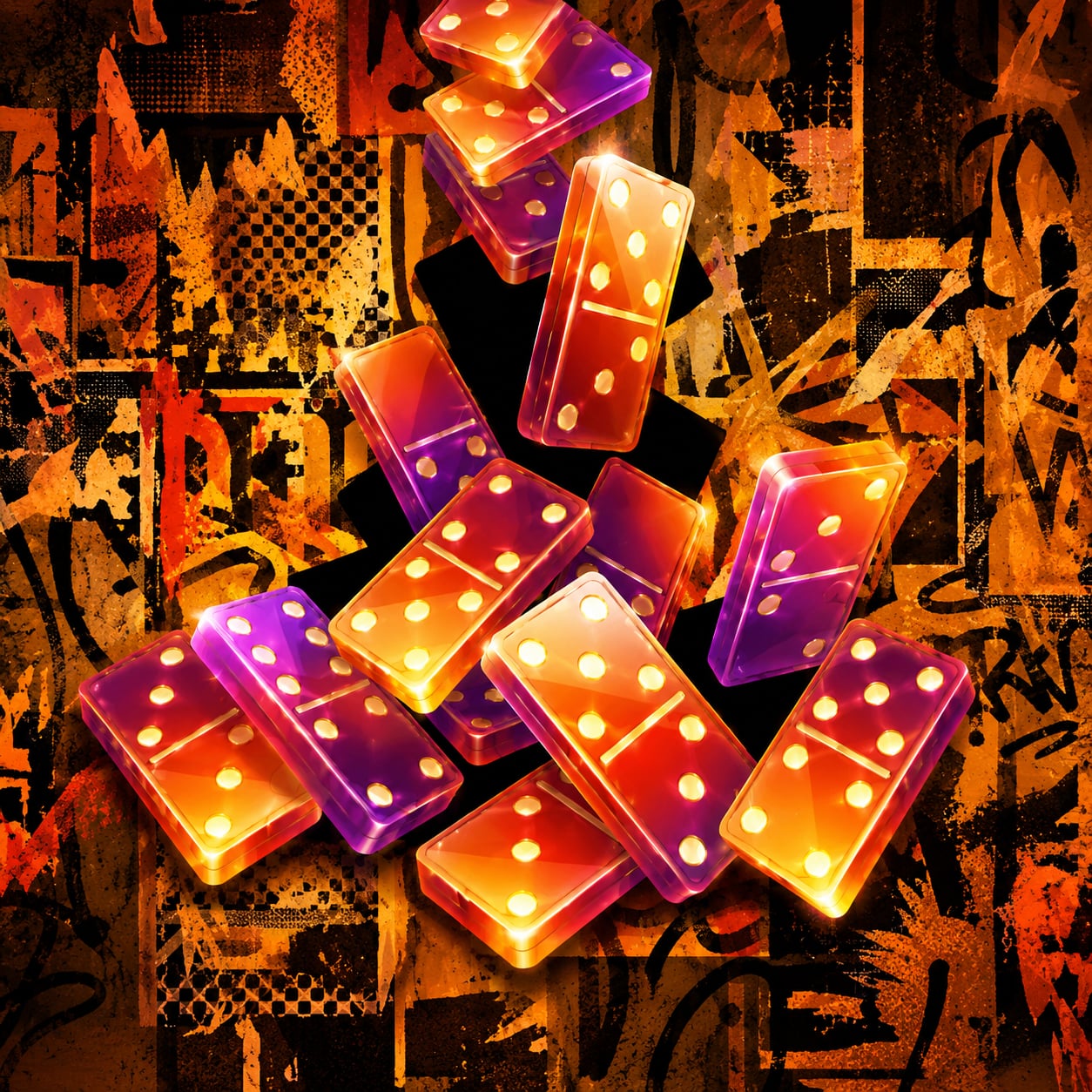 Official Dominoes cover with luminous orange and purple dominoes over a textured black and orange background