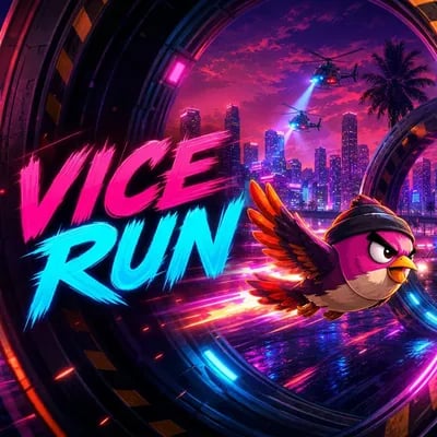 Official Vice Run cover showing a bird fleeing helicopters through a neon city